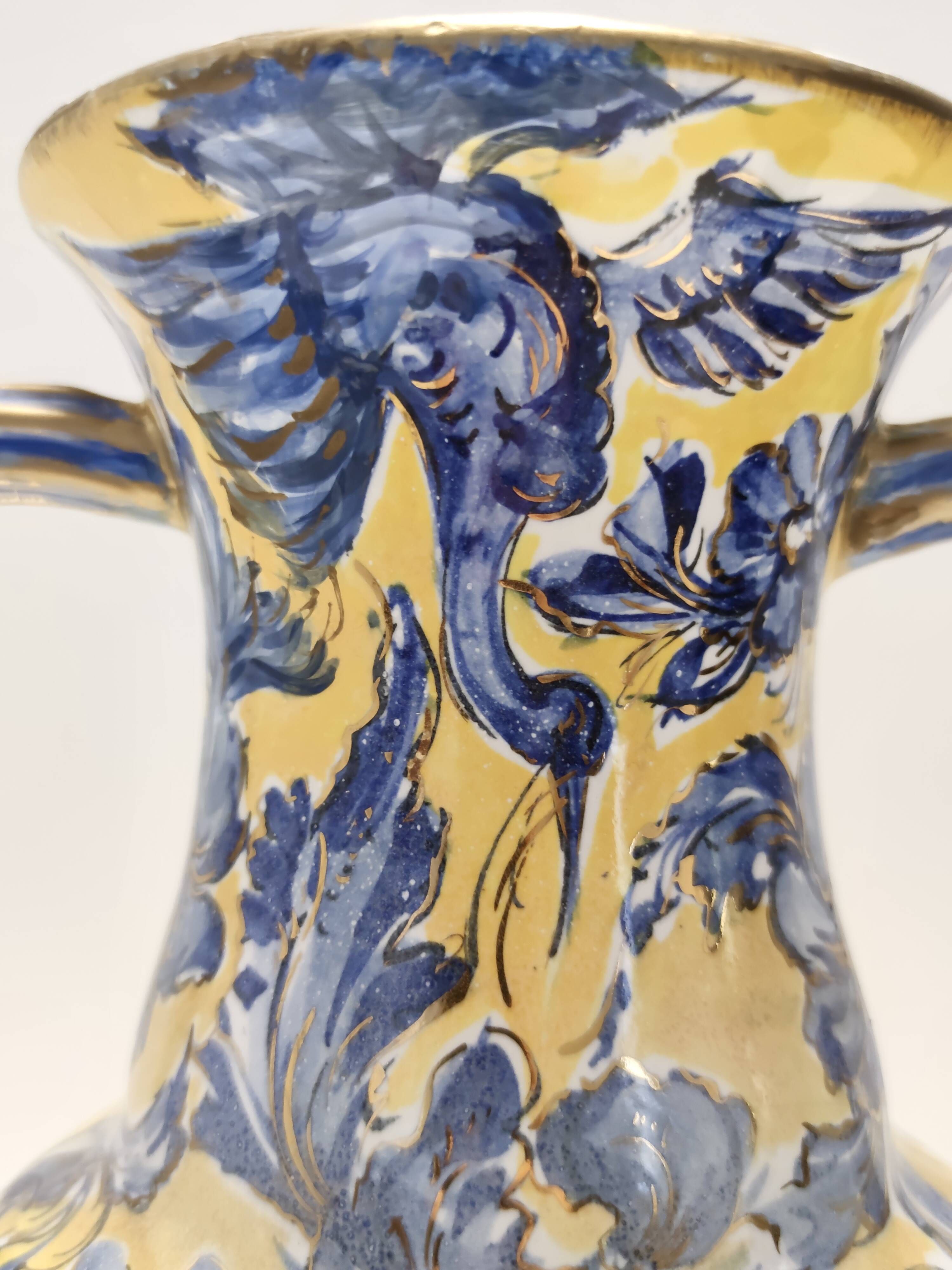 Vintage Handmade Yellow and Blue Glazed Ceramic Amphora by Zulimo Aretini, Italy