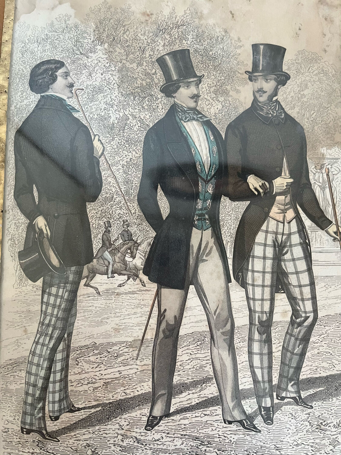 Antique print framed "Le Follet" men's suits