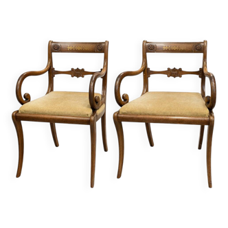 2 Antique Brass Dining Chairs with Inlaid Backs