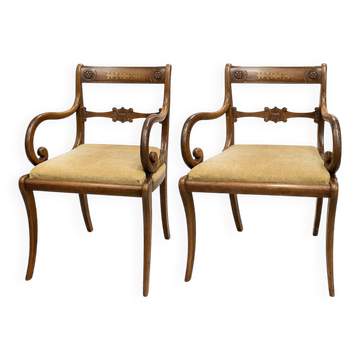 2 Antique Brass Dining Chairs with Inlaid Backs