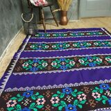 Romanian rug handwoven in wool, purple background with red and yellow stripes