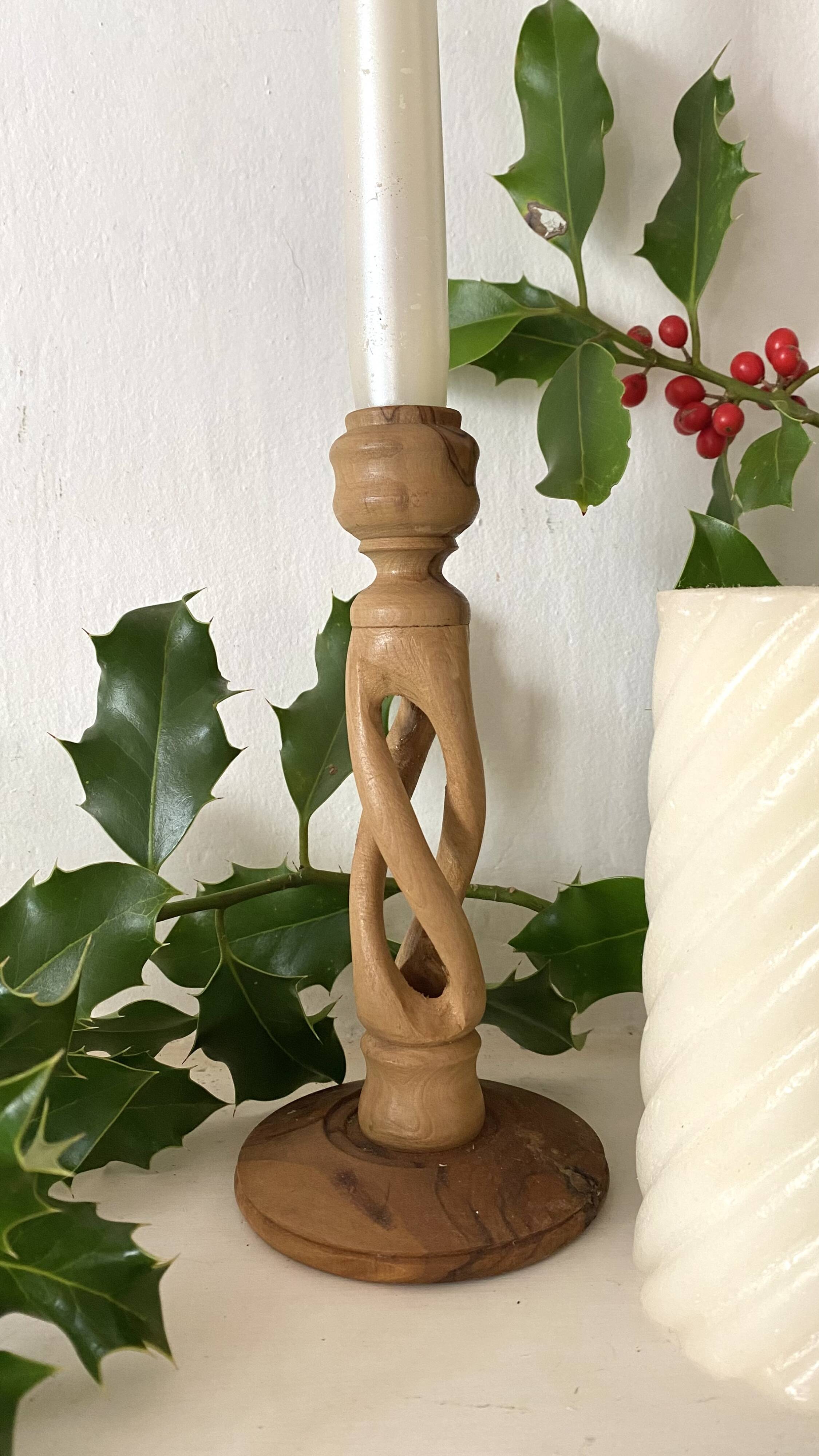 Carved olive wood candle holder