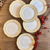 Set of 6 vintage white dinner plates with yellow and gold trim.