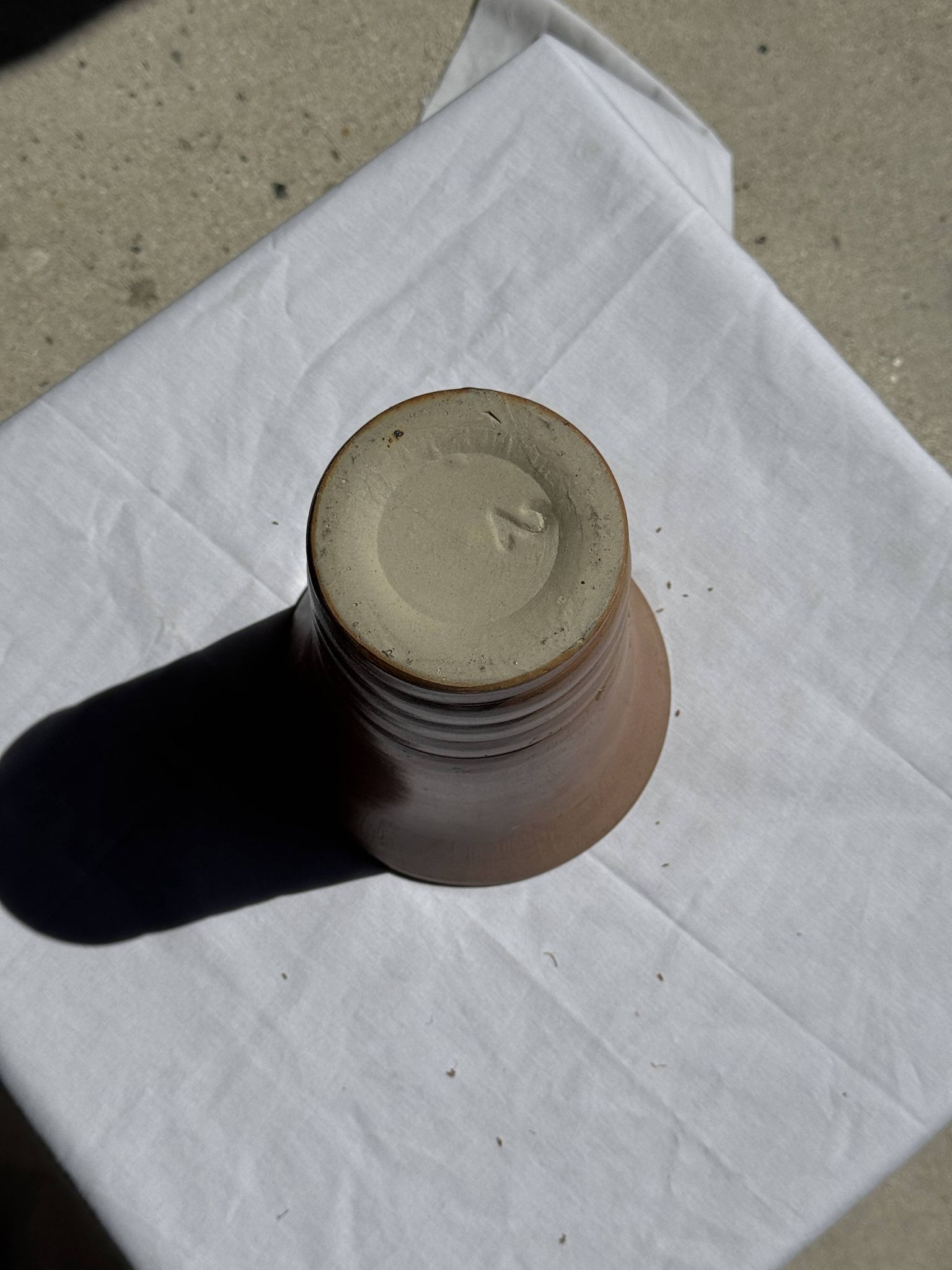 Vintage ceramic vase in glazed brown-orange with stripes H21.5 D19