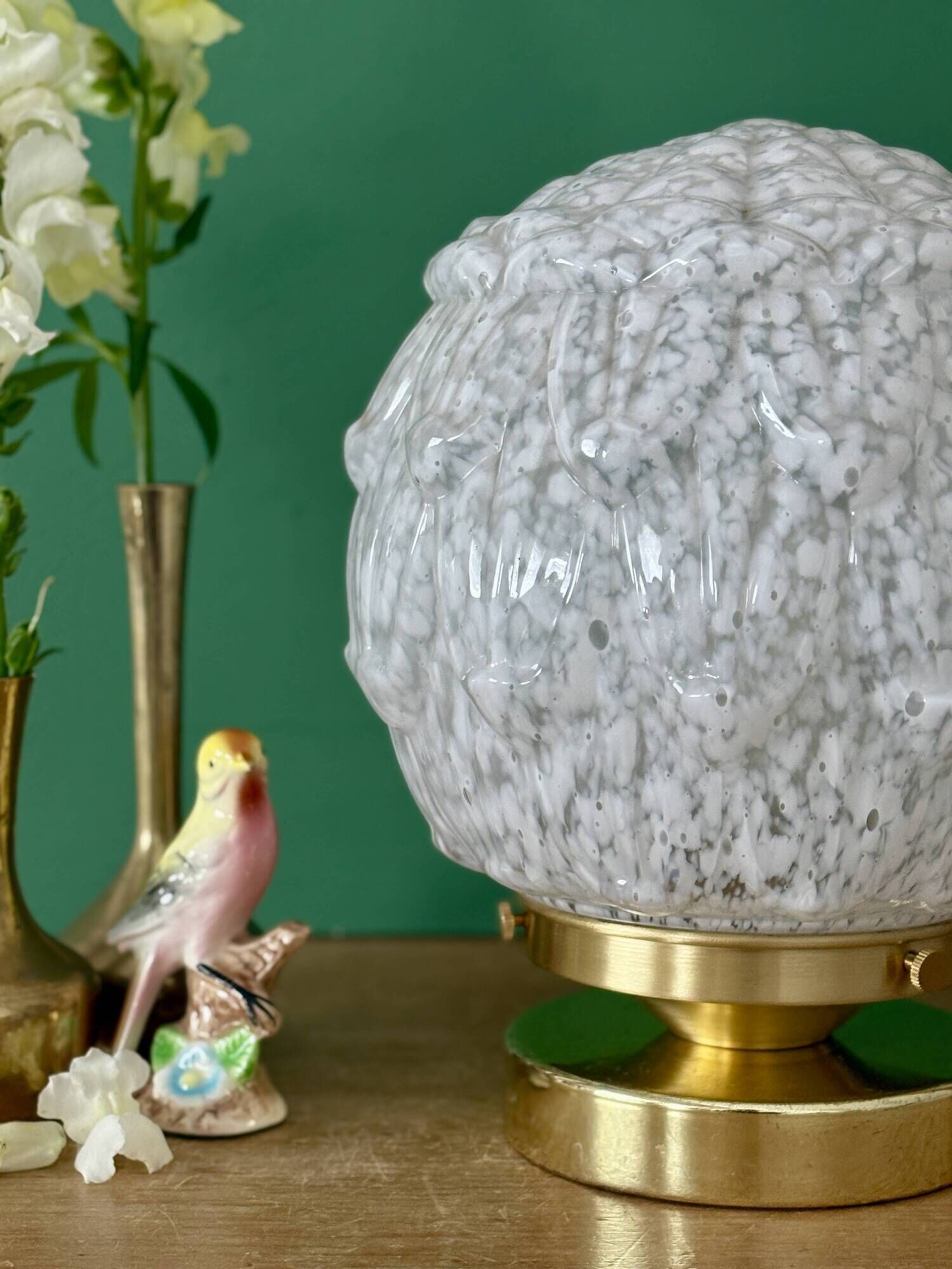 Vintage Art Deco globe table lamp in white Clichy glass