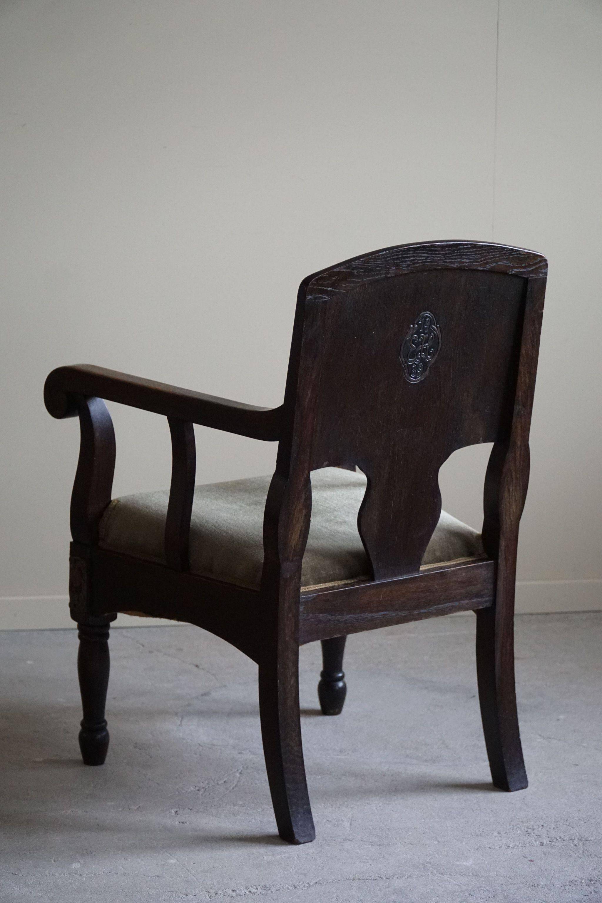 Hand-carved oak and velvet armchair, Danish furniture maker, Art Nouveau, 1939