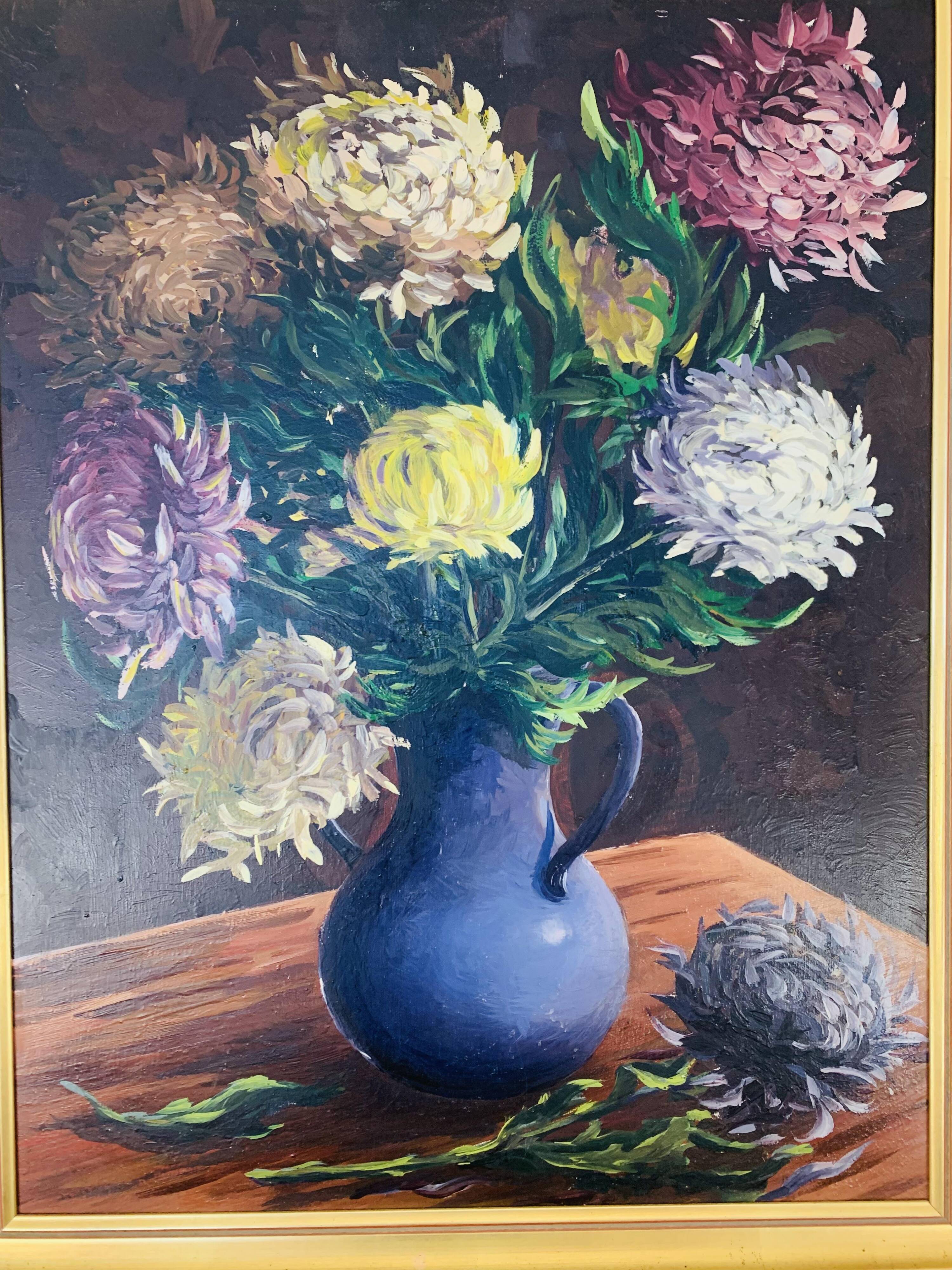 Still life painting of a bouquet of flowers, golden frame