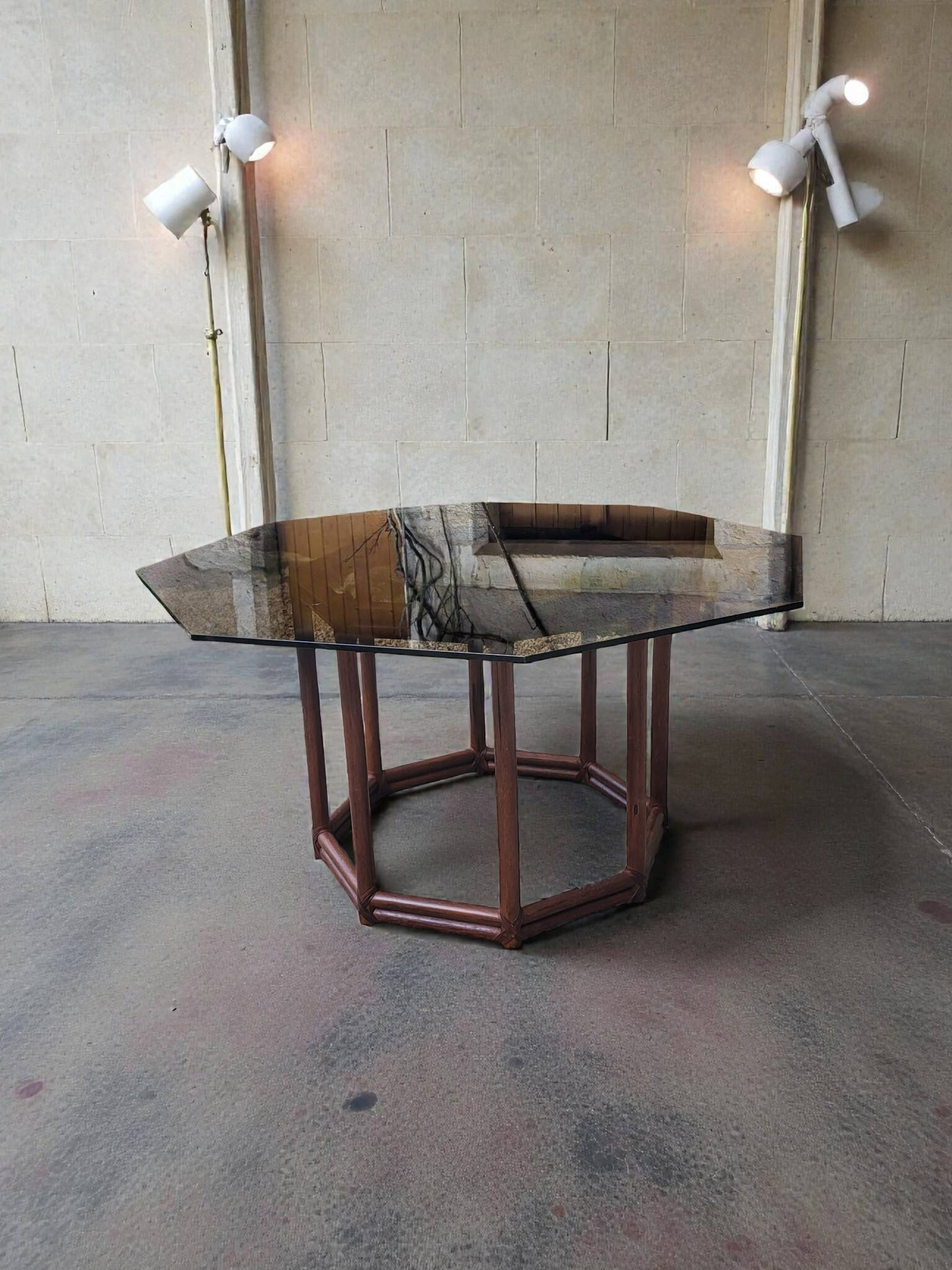 Bamboo-style wooden table with smoked glass top, 1970s