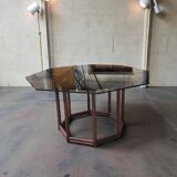 Bamboo-style wooden table with smoked glass top, 1970s