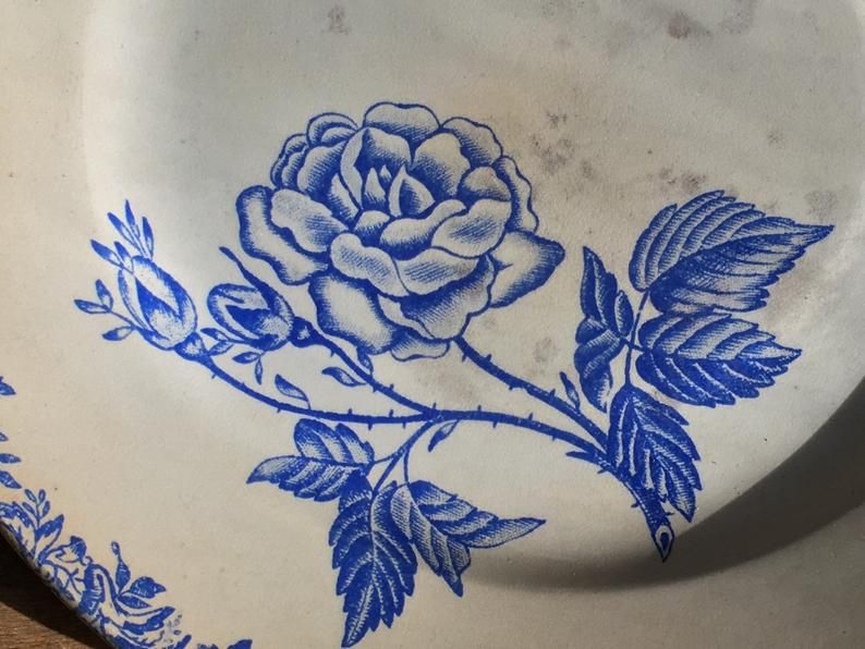 2 flat plates mismatched iron earth with blue flower motifs France