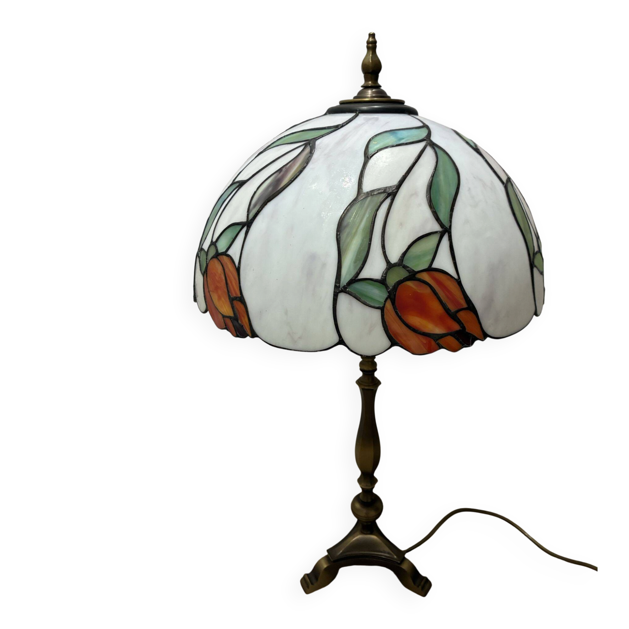 Perenz Tiffany style stained glass table lamp, brass, signed