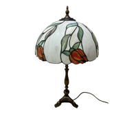 Perenz Tiffany style stained glass table lamp, brass, signed