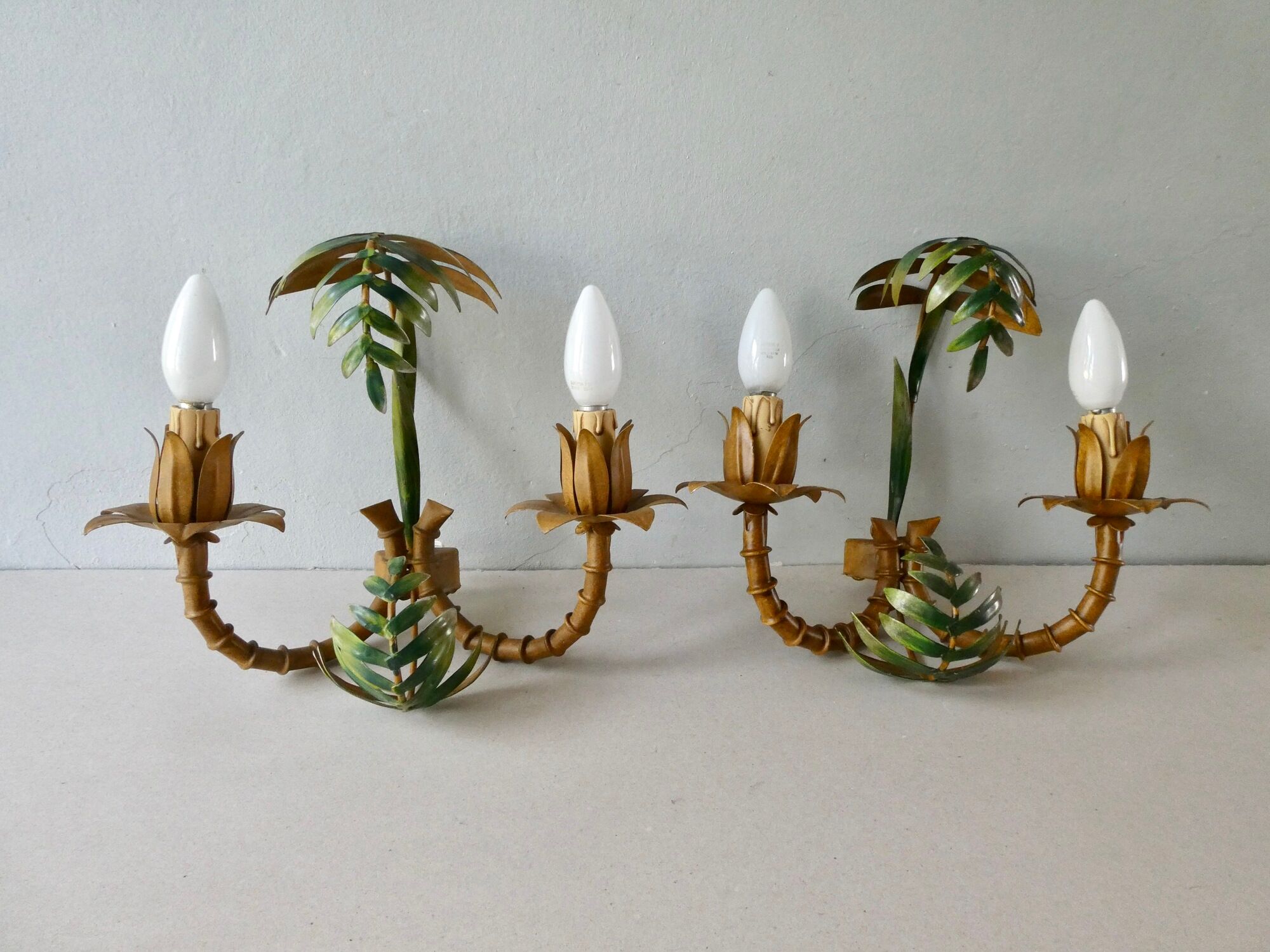 Pair of bamboo and palm sconces in metal 70s