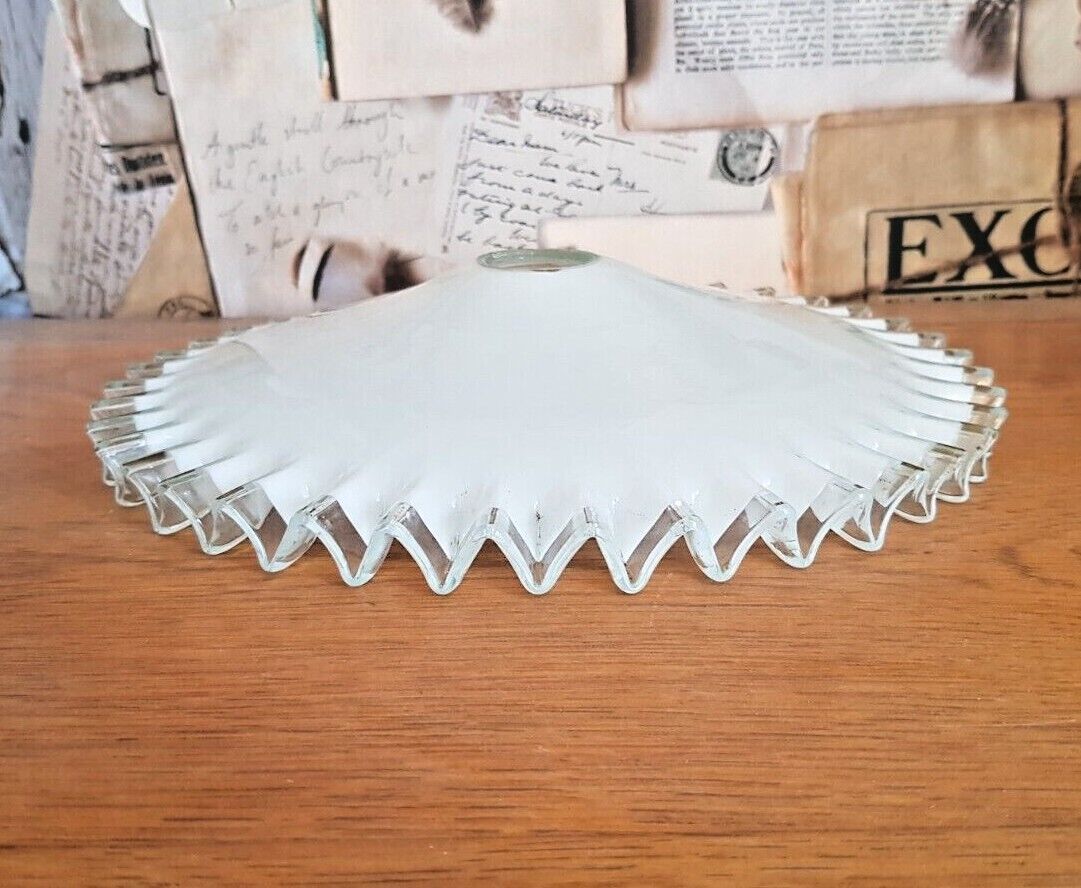 Vintage french frilled glass pendant shade white frosted glass clear edge 3649