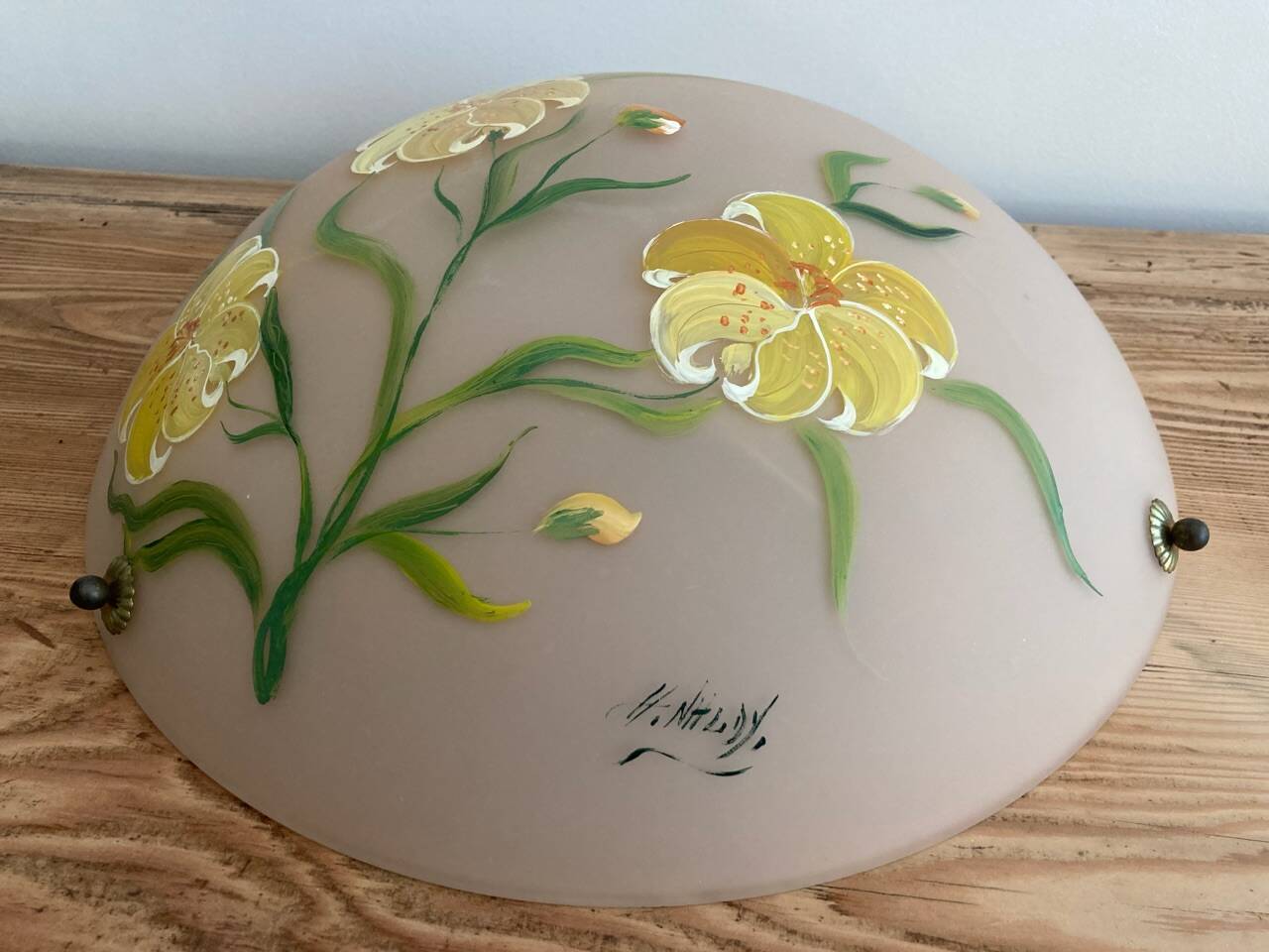 Opaline pendant light hand painted and signed