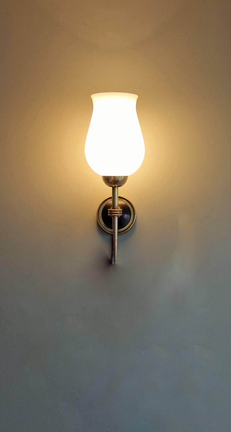 Pair of opaline and brass wall lights, 1950