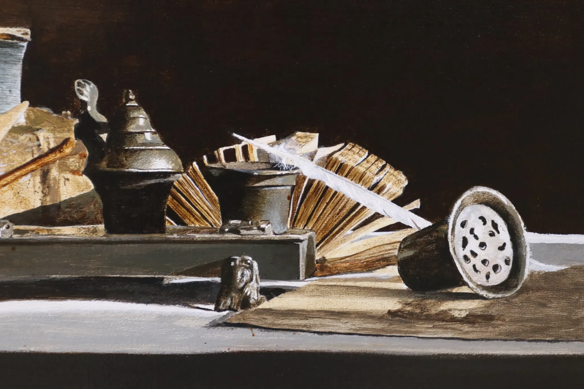 Still life with pewter inkstand and old books – Marjolein van den Berg