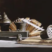 Still life with pewter inkstand and old books – Marjolein van den Berg