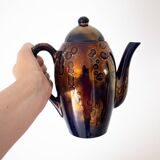 Shiny Blue Gold Ceramic Tall Teapot, Oily Splatter Pattern