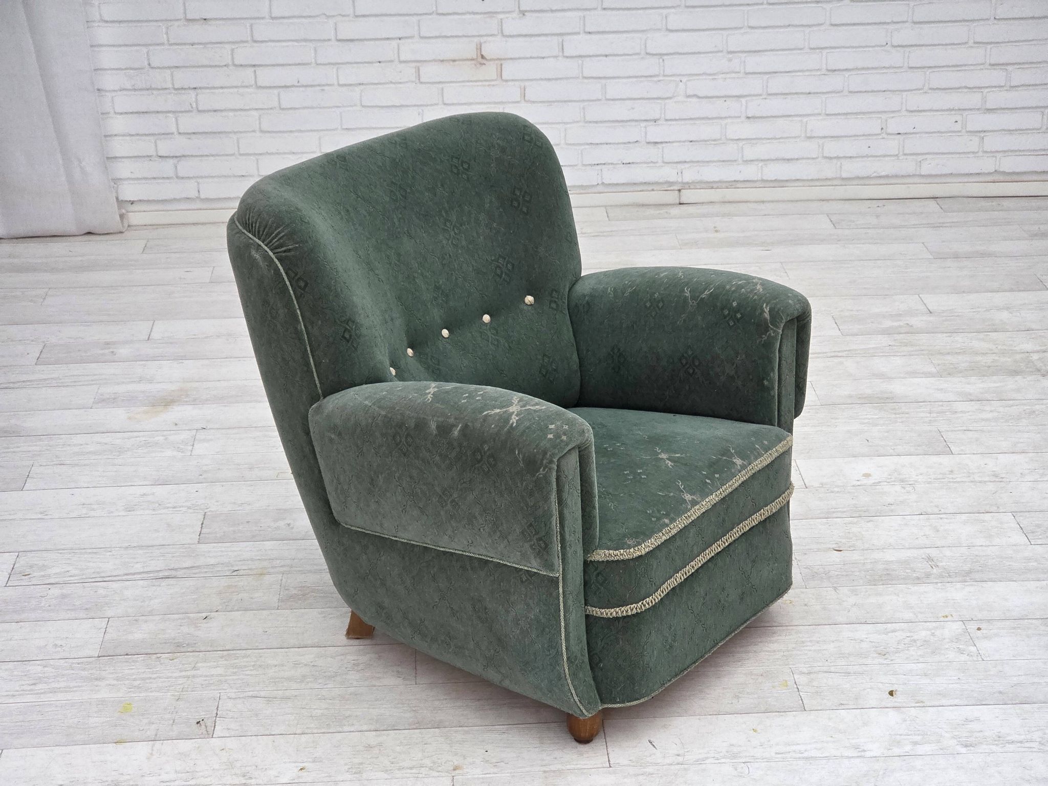 1960s, Danish armchair, light green furniture wool, oak wood legs.