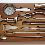 Teak wooden cocktail bar tool set, 1960s.
