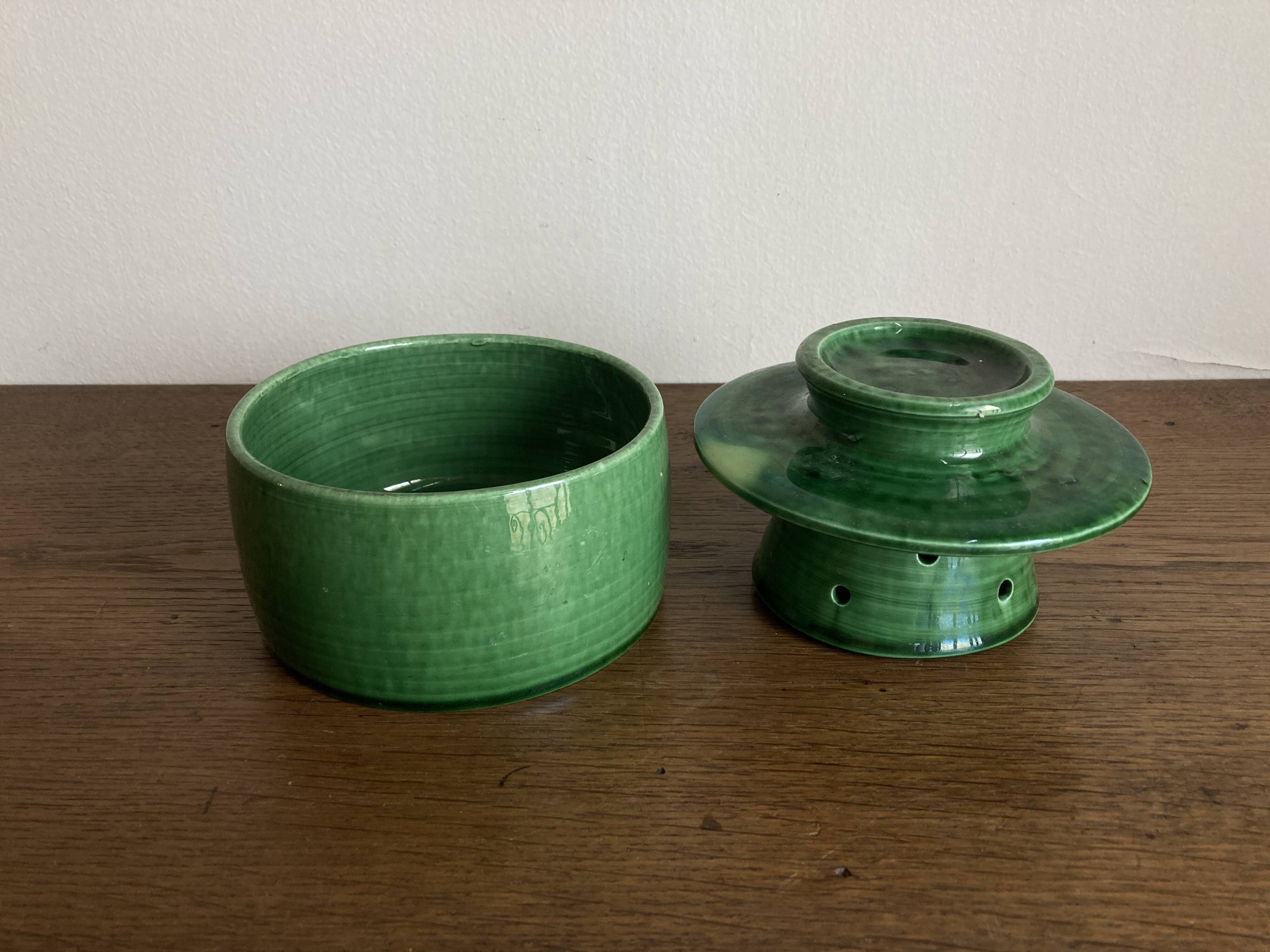 Foucart Jourdan Green glazed earthenware butter dish with water reservoir, 1960