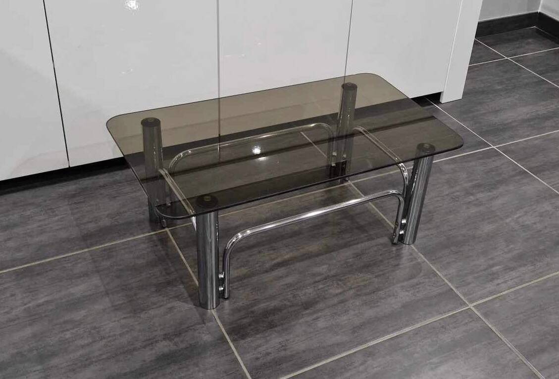 Vintage coffee table chrome metal and smoked glass 1970s