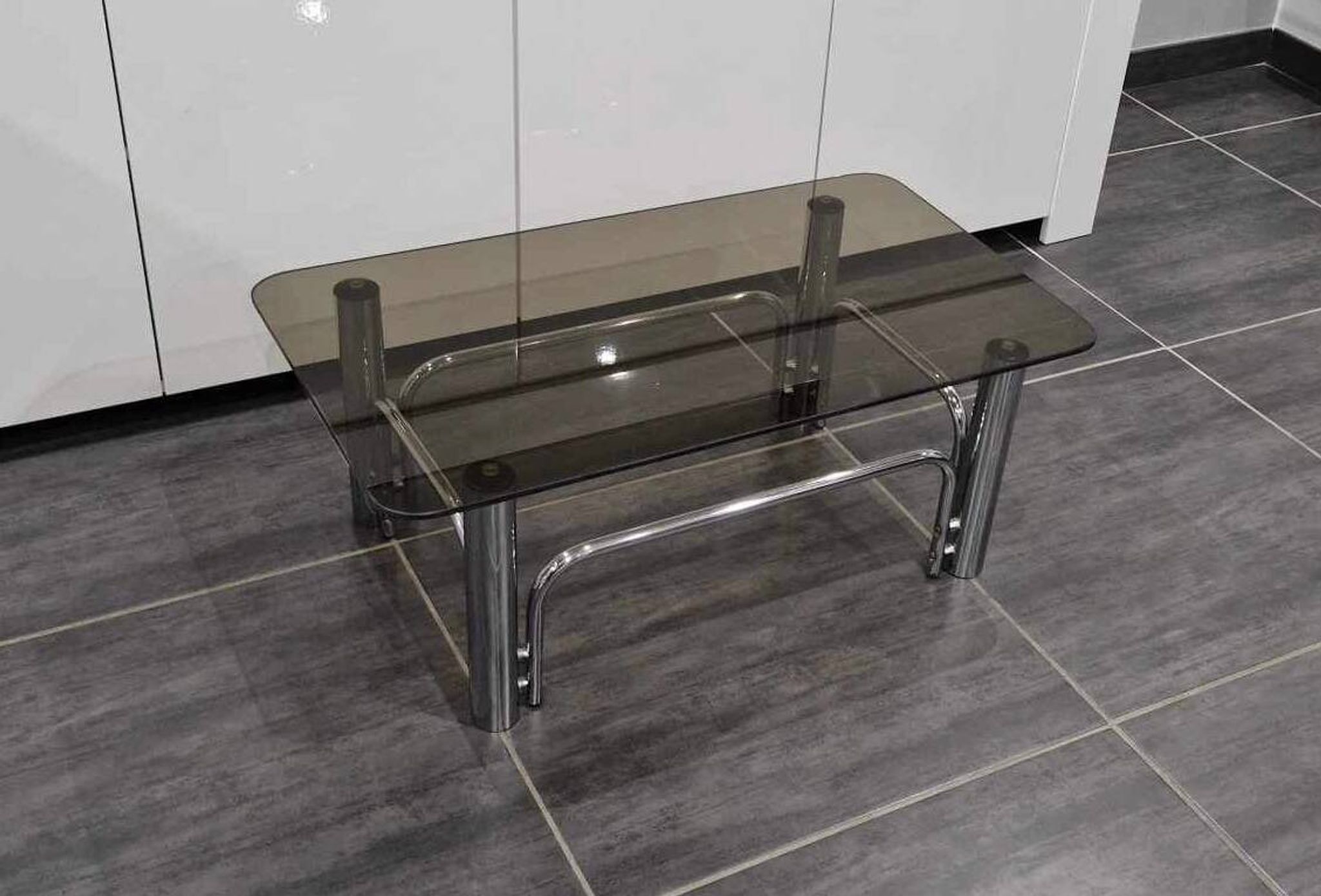 Vintage coffee table chrome metal and smoked glass 1970s
