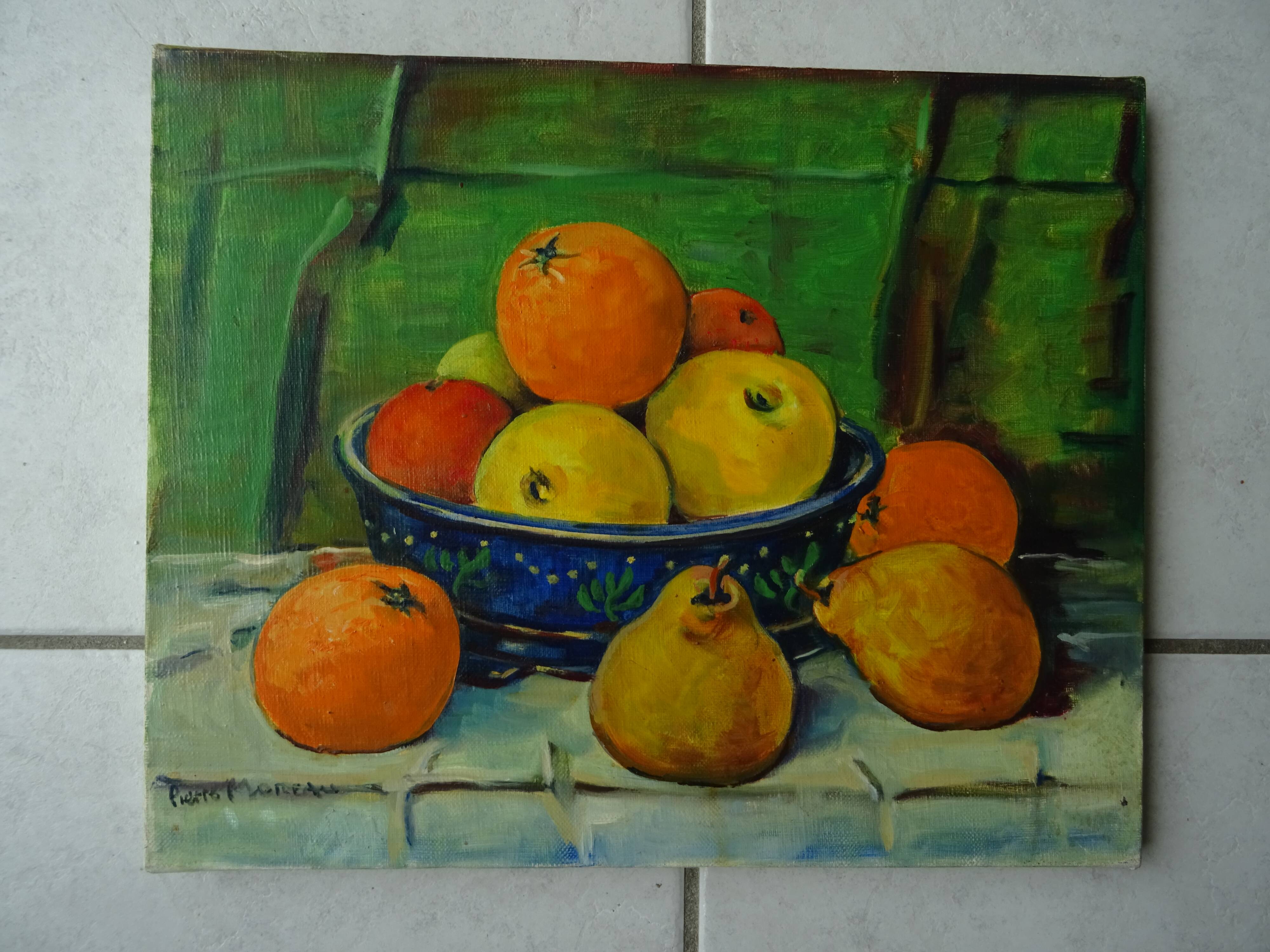 Still life painting with fruits canvas signed Pierre Moreau