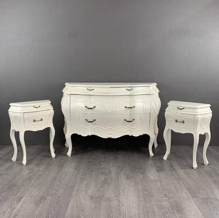 Louis XV Style Bedroom Set, Chest of Drawers and Two Bedside Tables, 20th Century