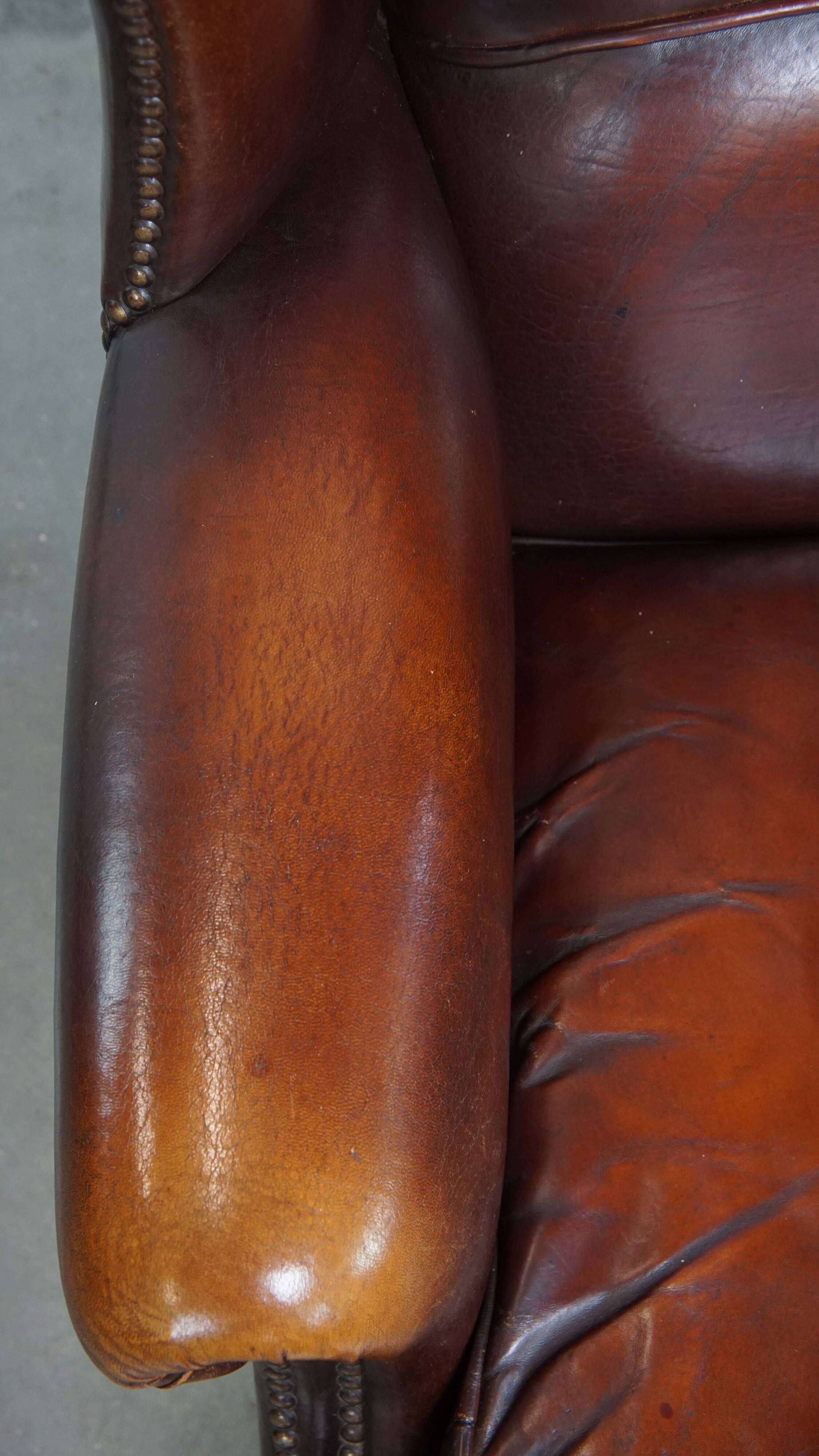 Dark English-Style Sheepskin Wingback Chair