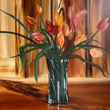 Tableau ancien, nature morte au vase et verre fleuris, signé,XX siècle