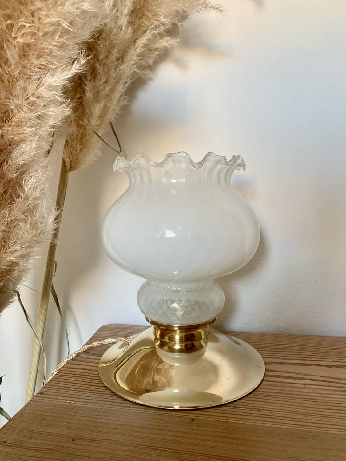 Vintage Table Lamp with White Globe and Antique Brass Base - Elegant Lighting with Braided Gold Wire