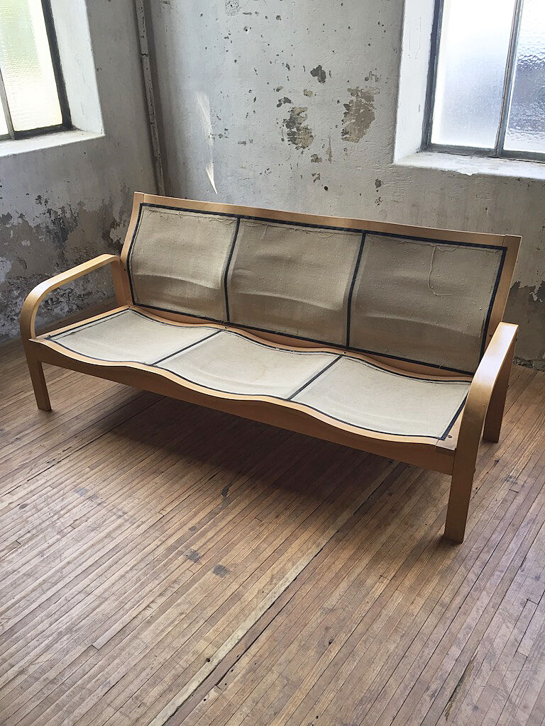 Danish sofa and armchairs curved wood and leather