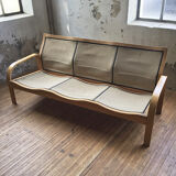 Danish sofa and armchairs curved wood and leather