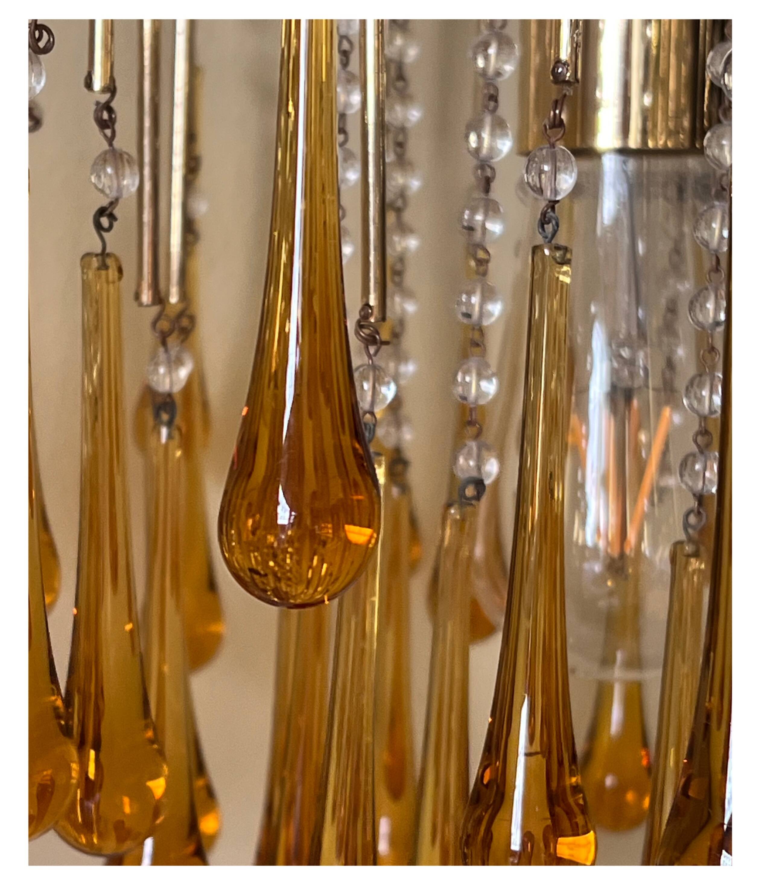 Vintage Murano Amber Glass Teardrop Chandelier - 1960-70s
