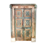 Porte indienne jaune verte sculptée Rajasthan ancienne patine d'origine vieux teck