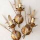 Set of 3 vintage wall sconces in gold and cream metal, wheat ear pattern.