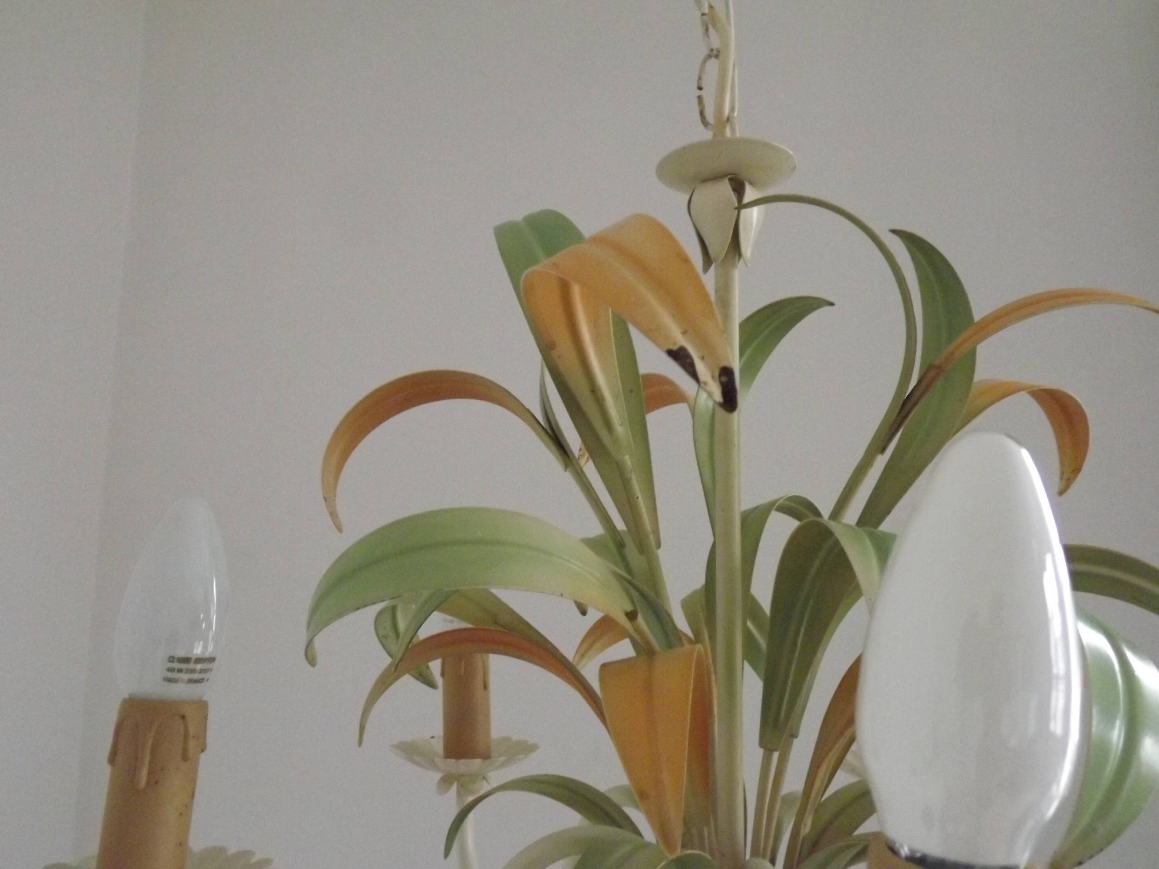 French Vintage Cream 5 Light Metal Chandelier Green and Peach Leaves