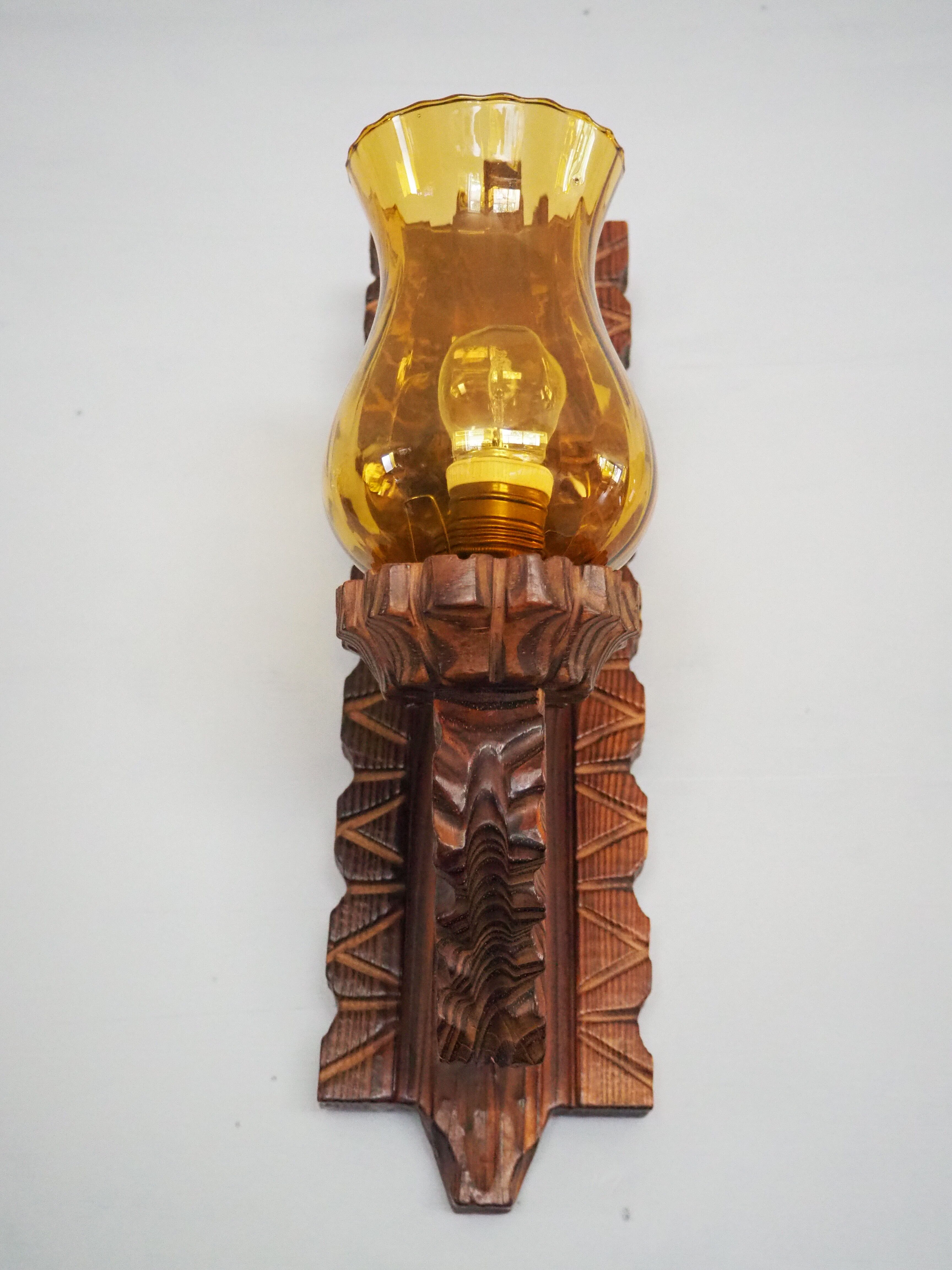 Wall sconce wooden and yellow glass tulip globe
