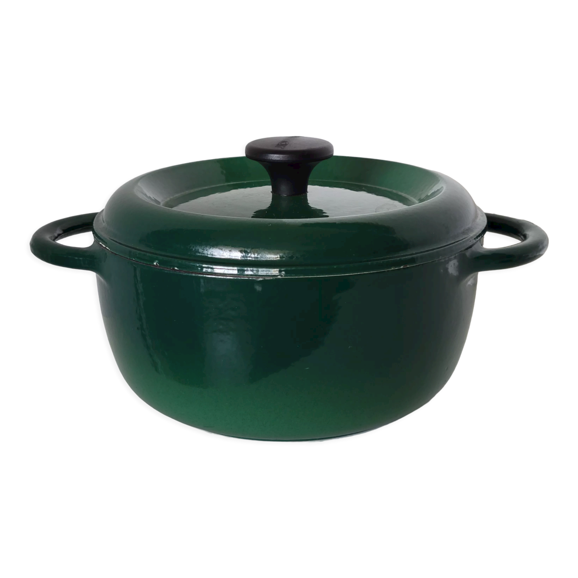 Round green enamelled cast iron casserole Nomar Staub vintage