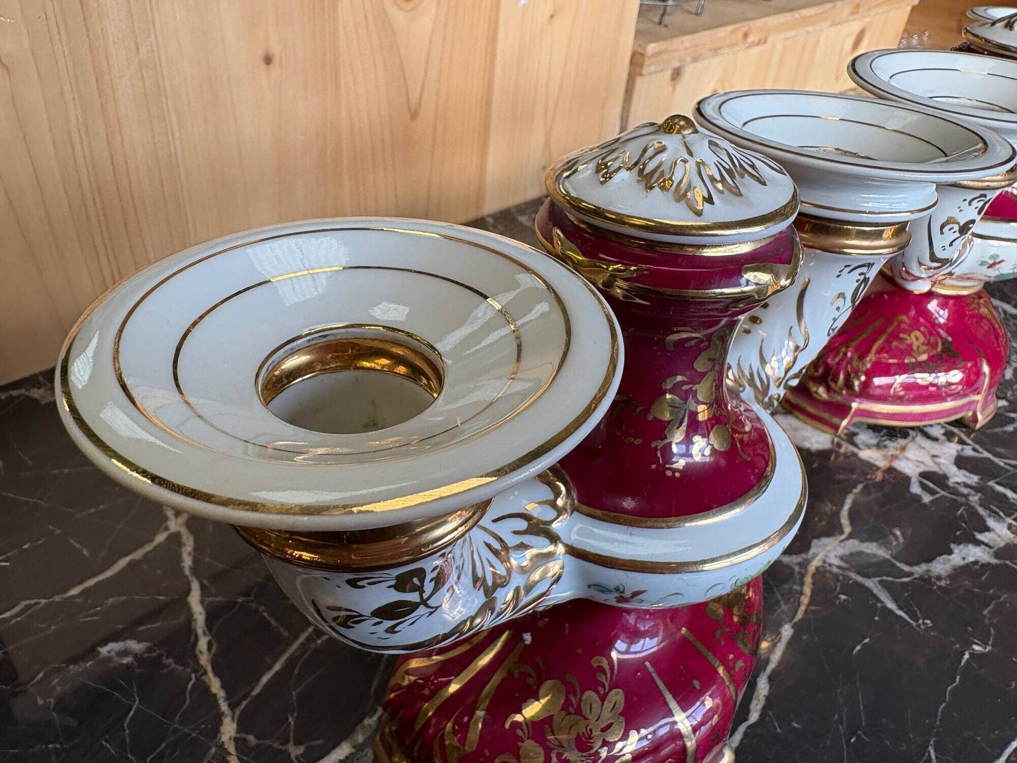Pair of Limoges porcelain candlesticks with hand-decorated decoration – red and gold