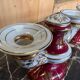 Pair of Limoges porcelain candlesticks with hand-decorated decoration – red and gold