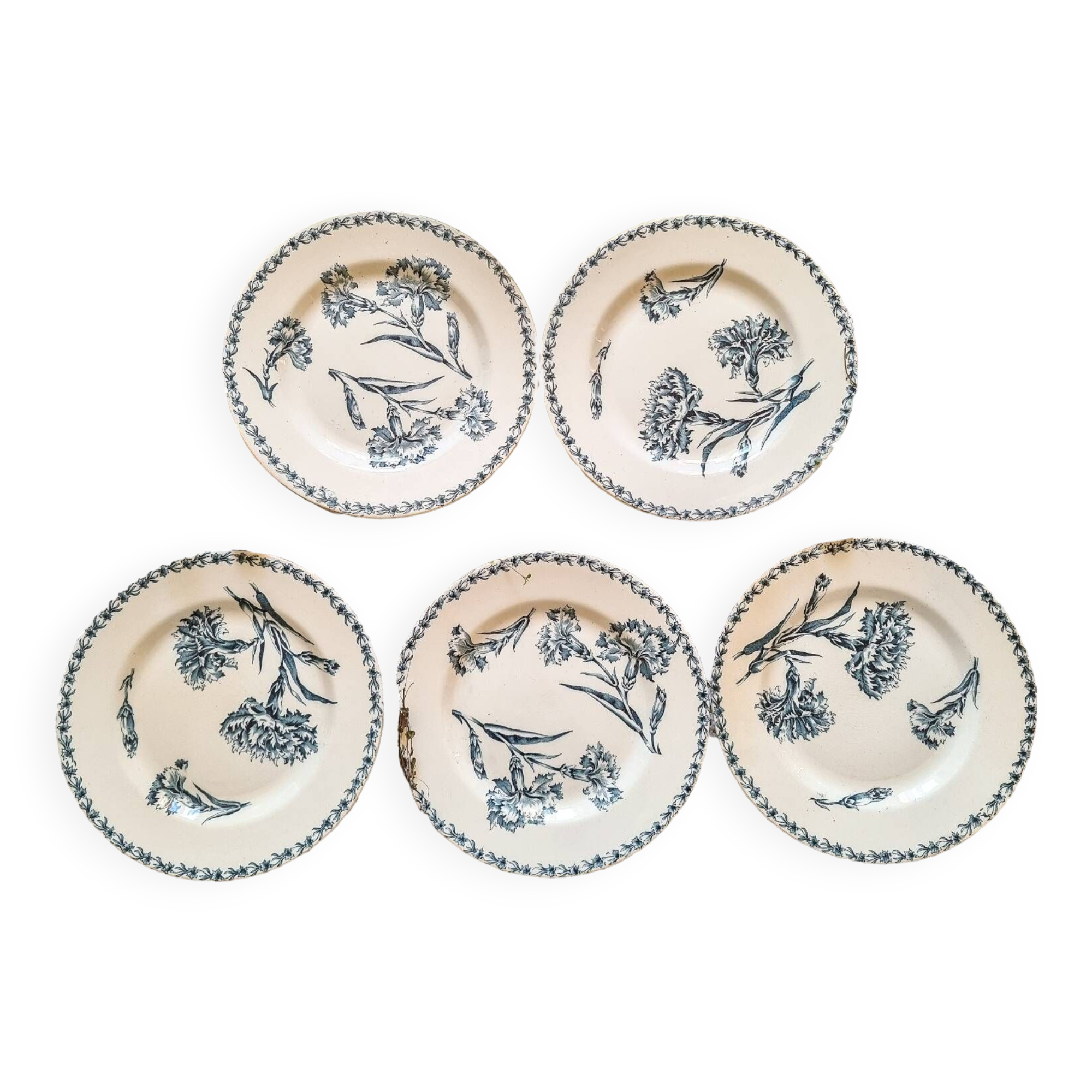 5 iron earthenware flat plates, KG Lunéville, Œillet model, 1900