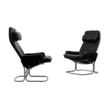 Fauteuil scandinave en cuir noir rare du milieu du siècle par Ire Möbel, années 1970, lot de 2