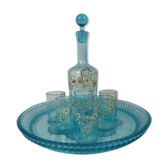 Blue decanter accompanied by its tray and 6 glasses