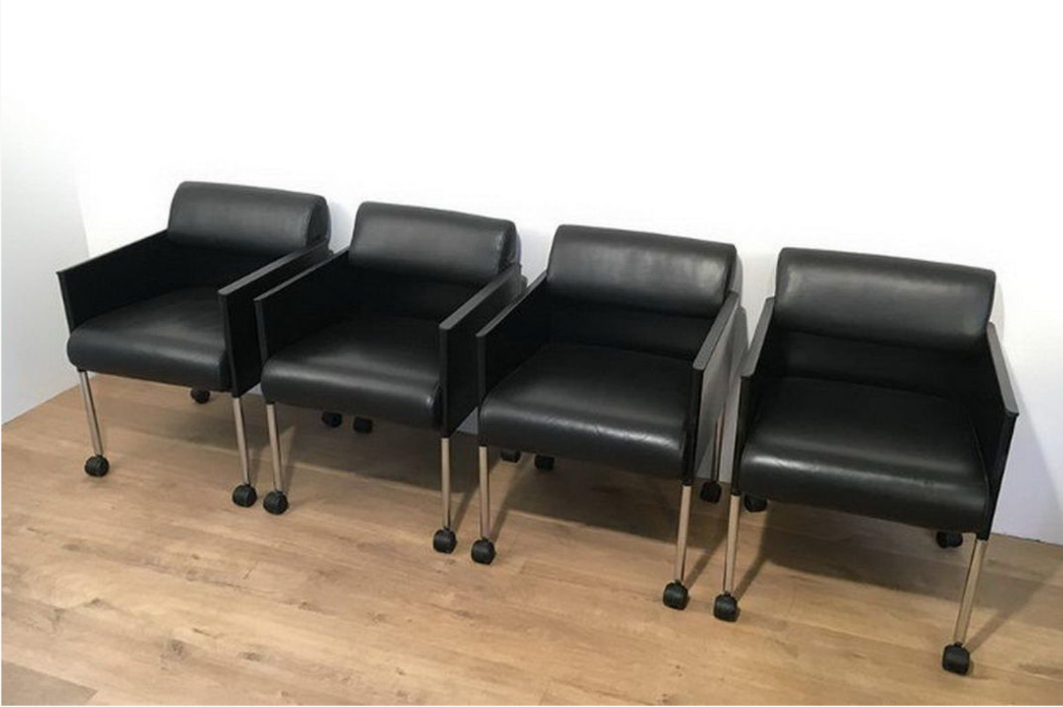 Suite of 4 armchairs in leather and black lacquered metal Rosenthal
