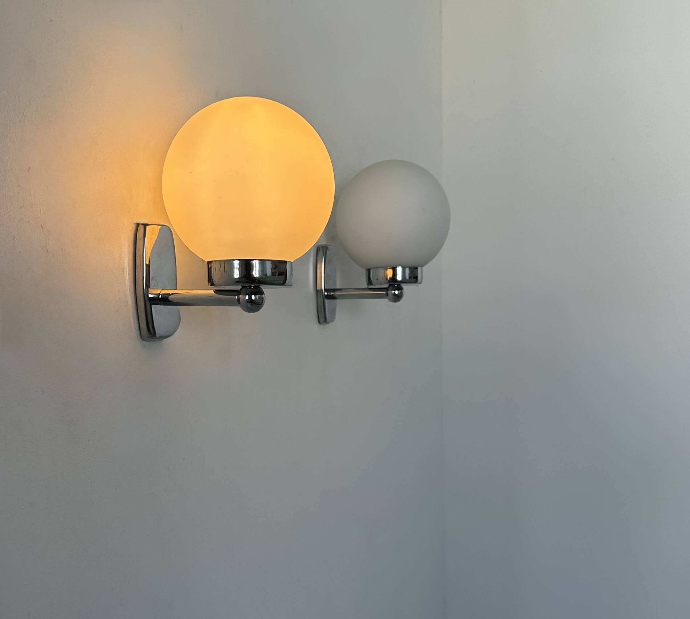 Pair of vintage wall lights, chrome and opaline, France 1970