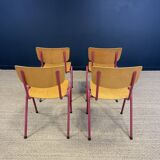 Set of 4 light wood school chairs with fuchsia legs, Netherlands, 1970s