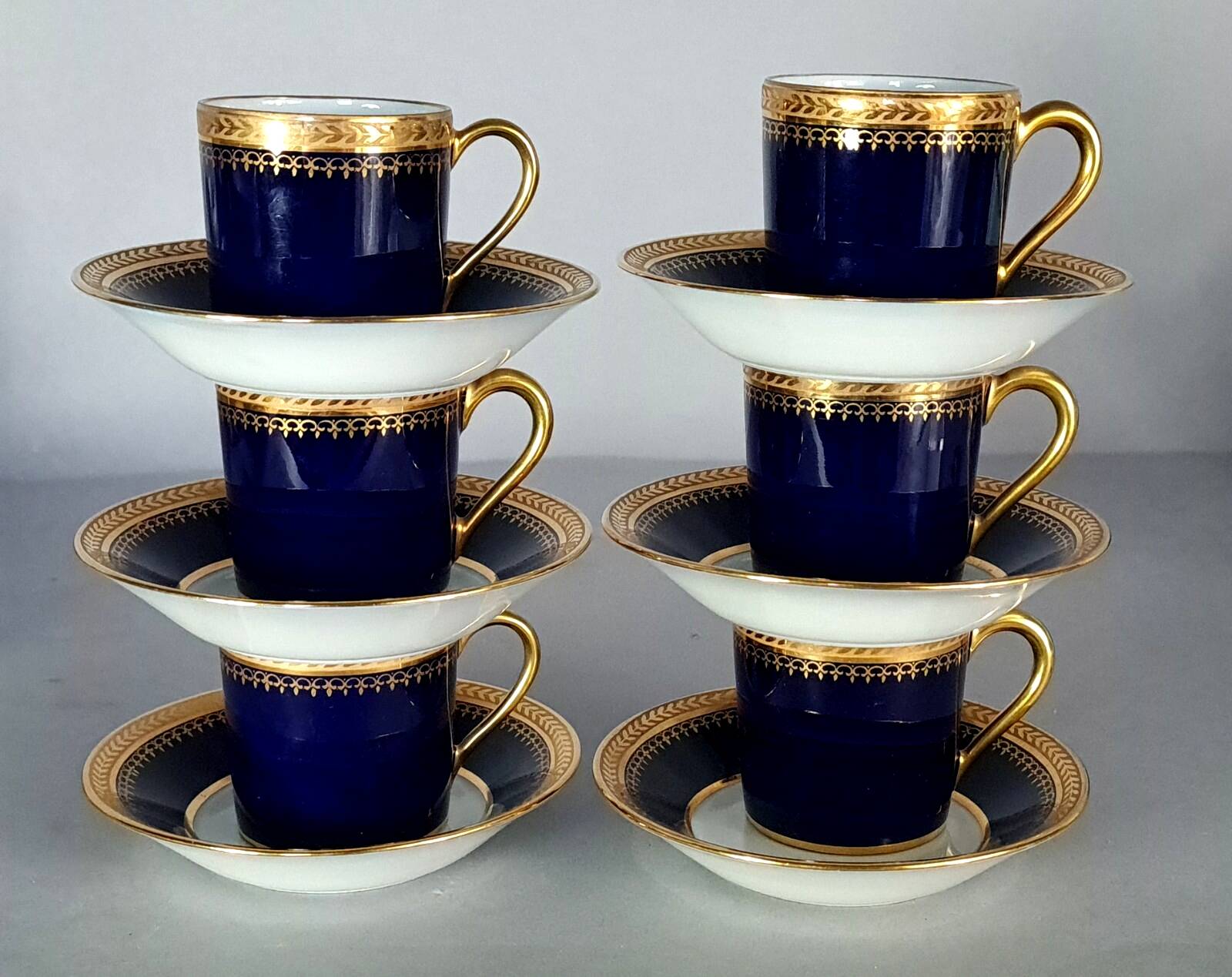 6 Limoges oven blue porcelain cups for Porcelainor Paris + case C582